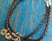 Brown Leather Bracelet, Silver Charms