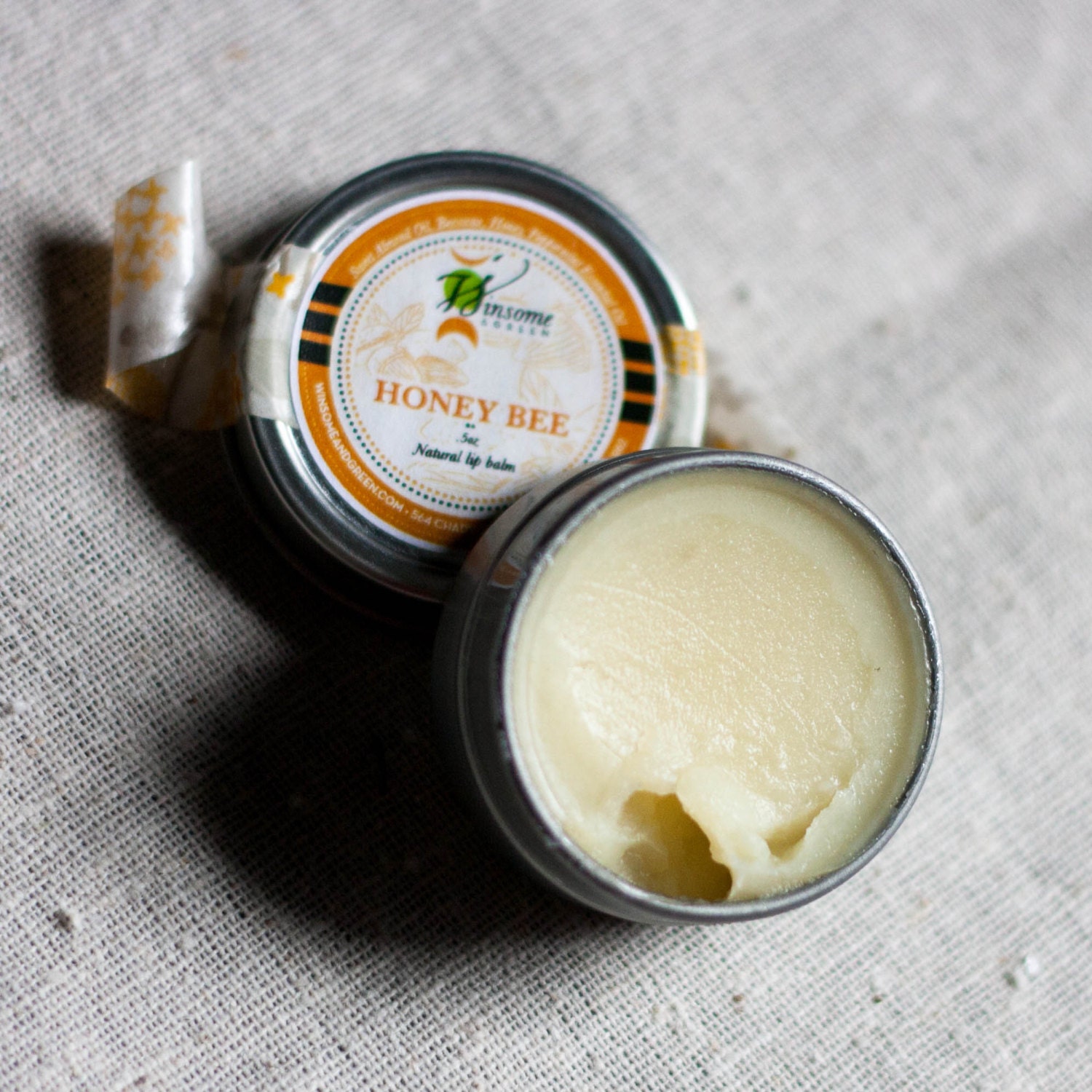 Natural Lip Balm Tin - Honey and Cooling Peppermint - Honey Bee / geometric eco friendly orange yellow