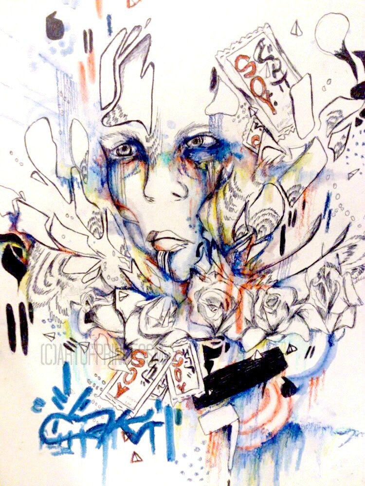 6x4 inch Abstract portrait face expressionism art print. Mix media surrealistic low brow illustration art print