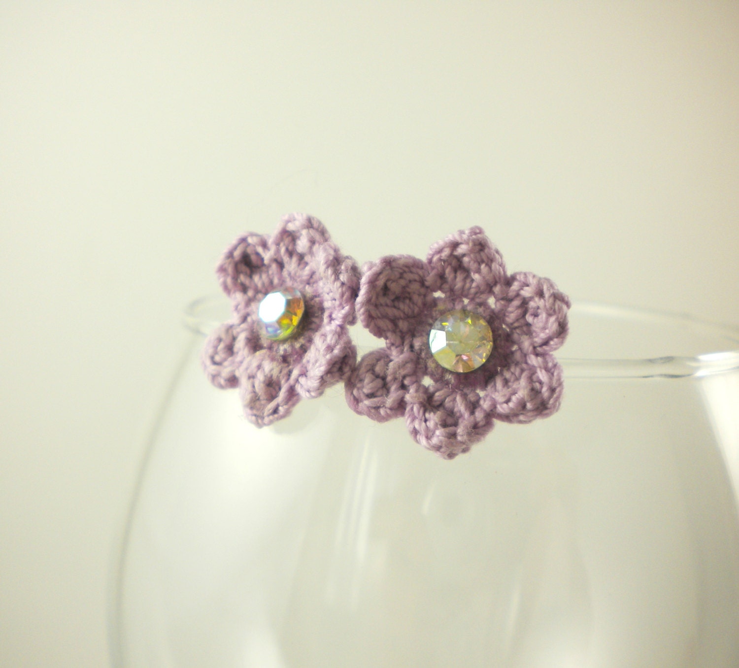 Crochet Flower Earrings with Rhinestone Centers in Dusty Rhapsody Purple - Lightweight - Great Gift for Girls
