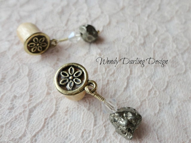 00g Organic "Gold Digger" Pyrite and Swarovski Crystal Dangle Plugs