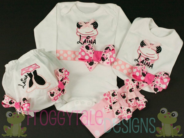 MINNIE MoUsE Pinks Birthday PERSONALIZED Bodysuit Onesie or Toddler Shirt Diaper Cover Bib and Leg Warmers for Little Baby Girls - CUSTOM