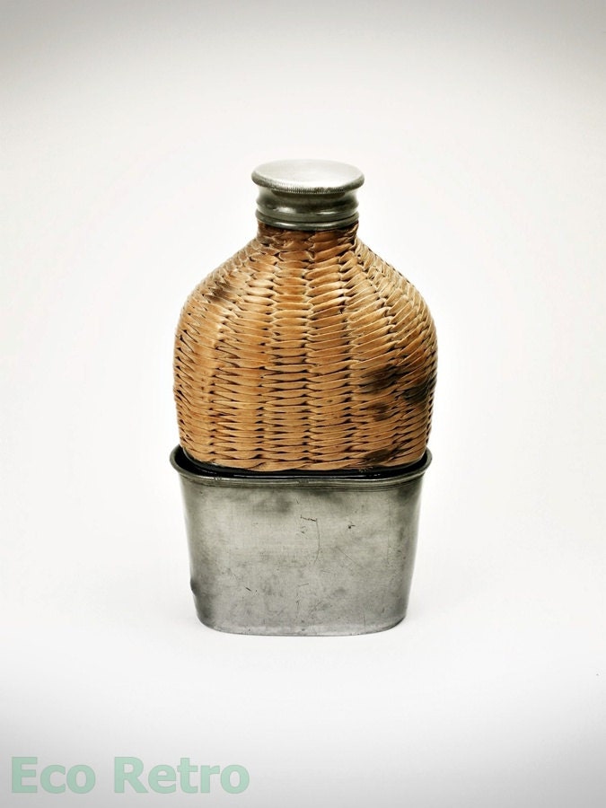 Antique Glass Hip Flask with Wicker Covering & Pewter Cup