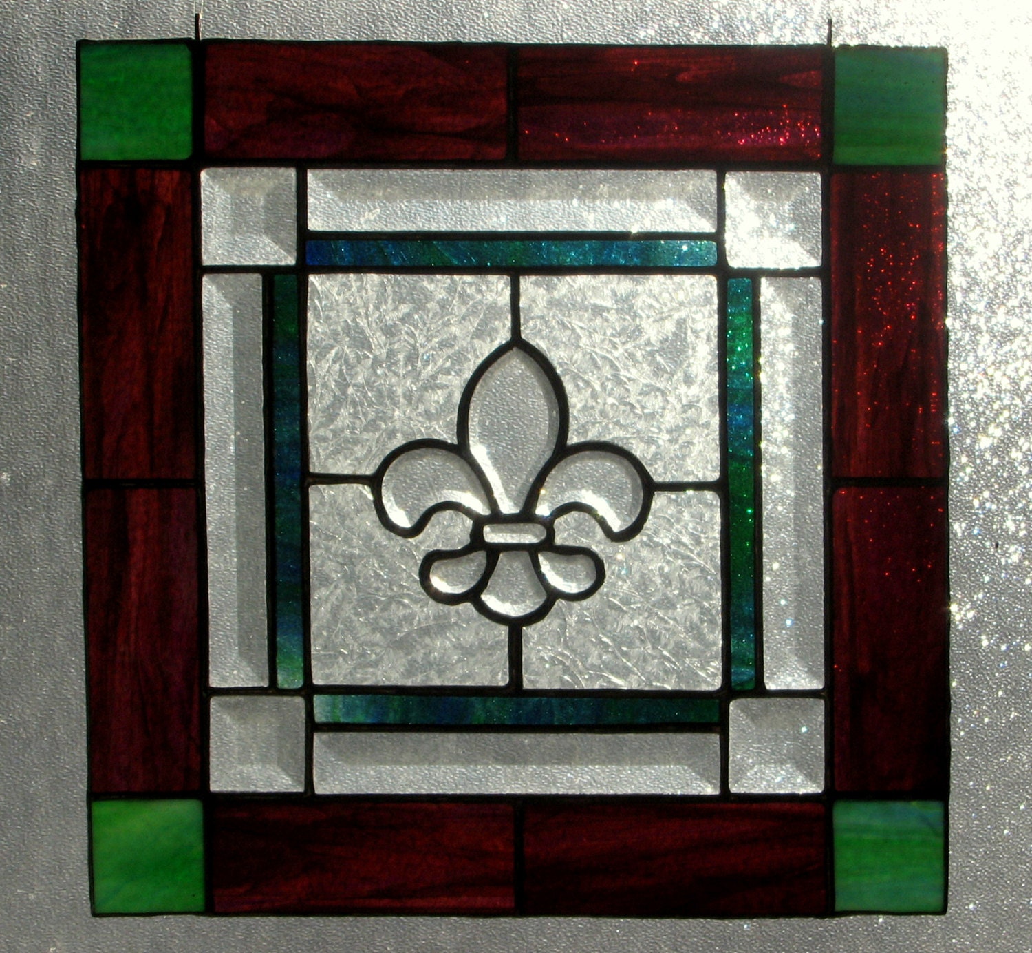 stained glass window panel-fleur-de-lis French connection-purple green clear and beveled glass-unique one of a kind special home decor gift