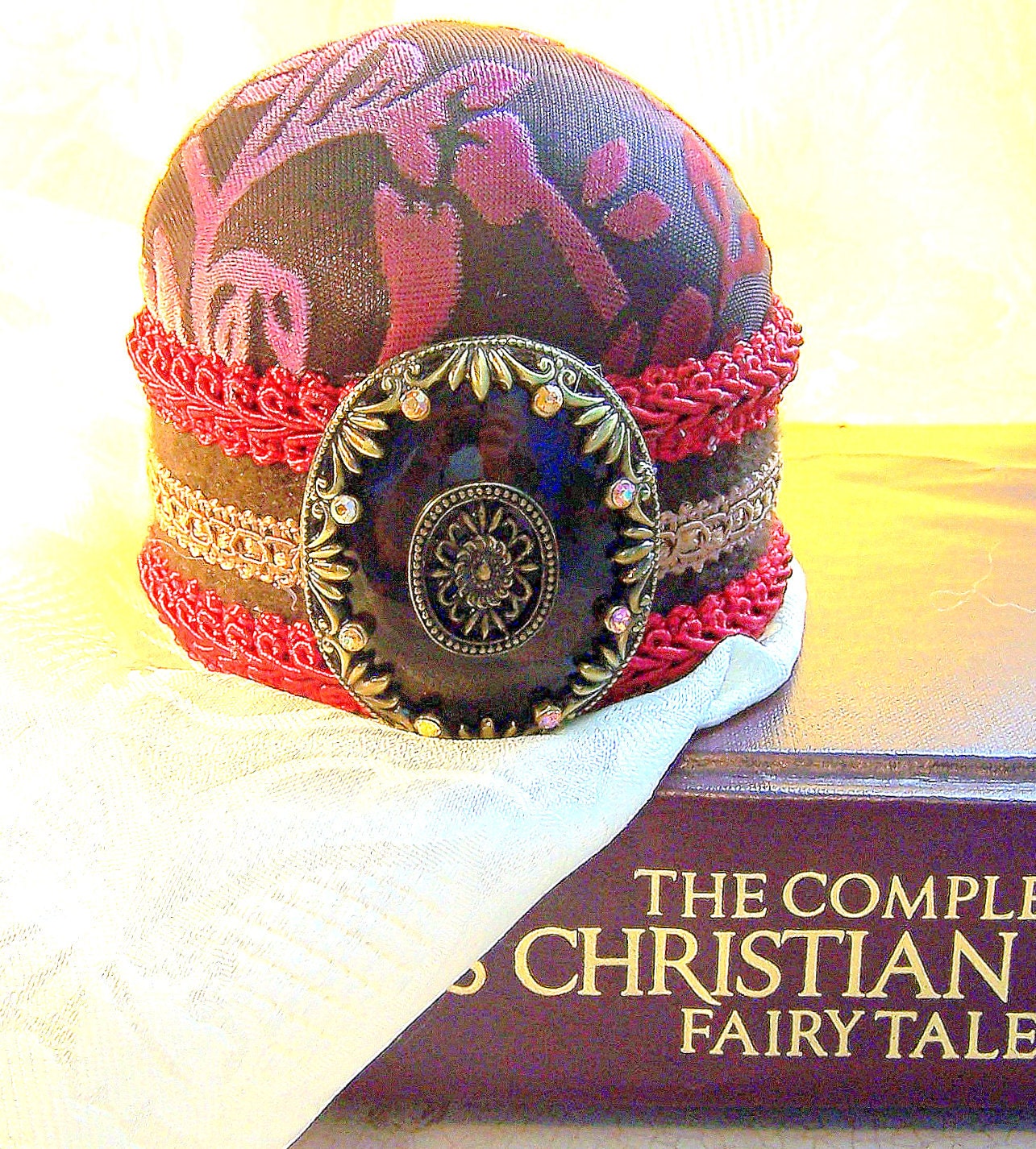 CLEARANCE Pincushion needlecraft Rococo Chocolate Cherry wine brown burn out velvet felt Baroque Pin Cushion tortoise shell TAGT