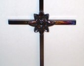 Natural Patina Rustic Metal Cross, Home Decor - Indoor Decorative Metal Cross - Rosette Center, Colored Patina Metal Decor Flower Cross