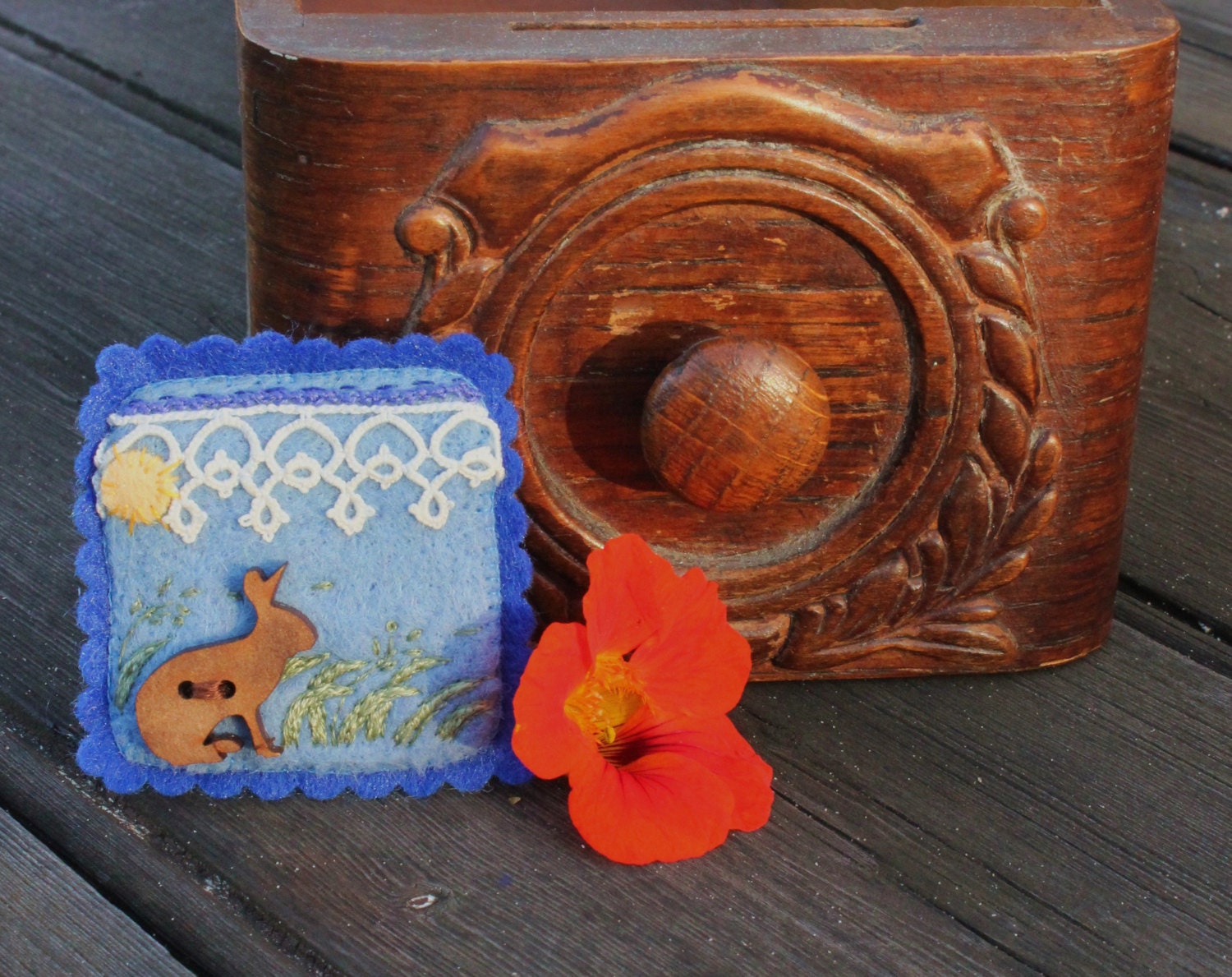 Brooch and Pendant - Bunny in Spring Field with Sun - Needlefelt, Vintage lace and Hand Embroidery