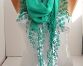 Green Cotton Scarf- Shawl Headband -Cowl with Lace Edge