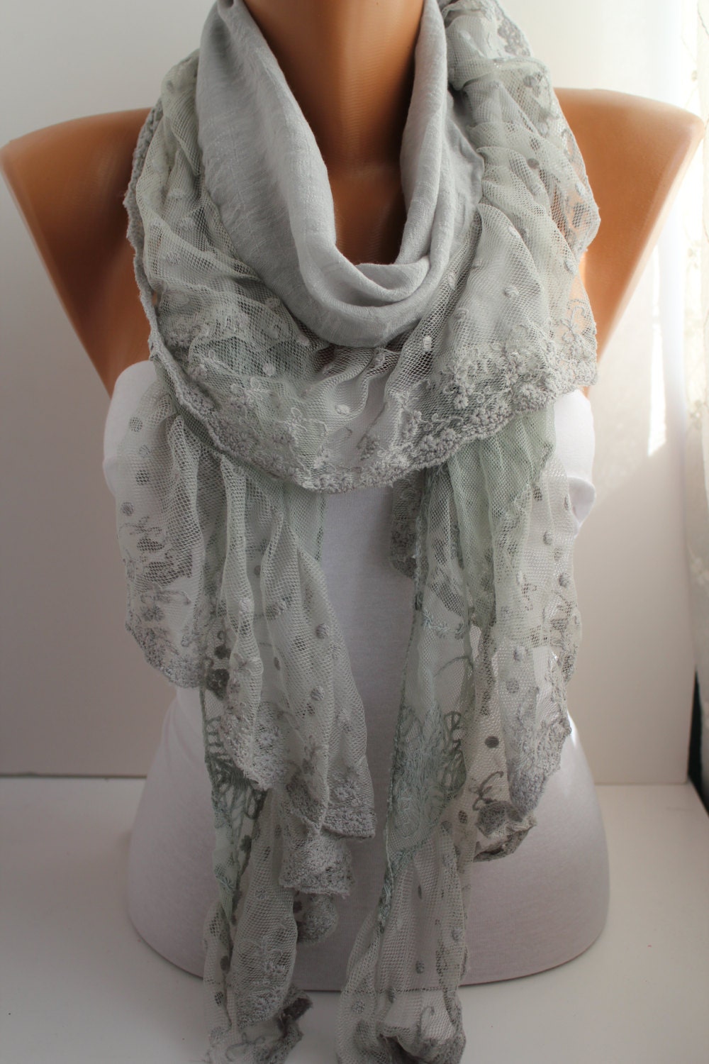 Light grey Shawl/Scarf  with Lace