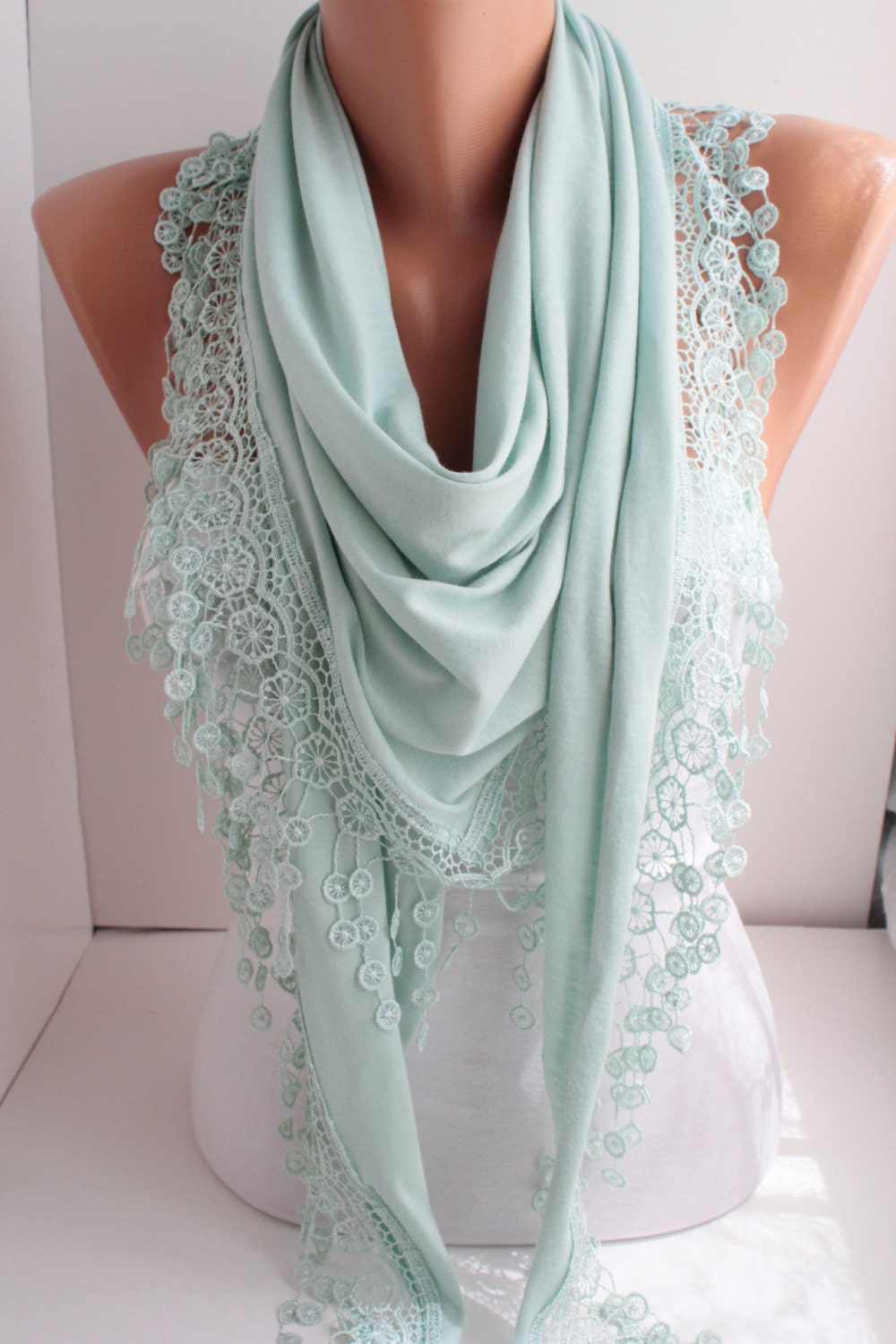 NEW - Light Mint - Jersey Scarf - Shawl Scarf - triangle scarf - Headband - Cowl with Lace Edge - Women's Fashion Accessories  DIDUCI