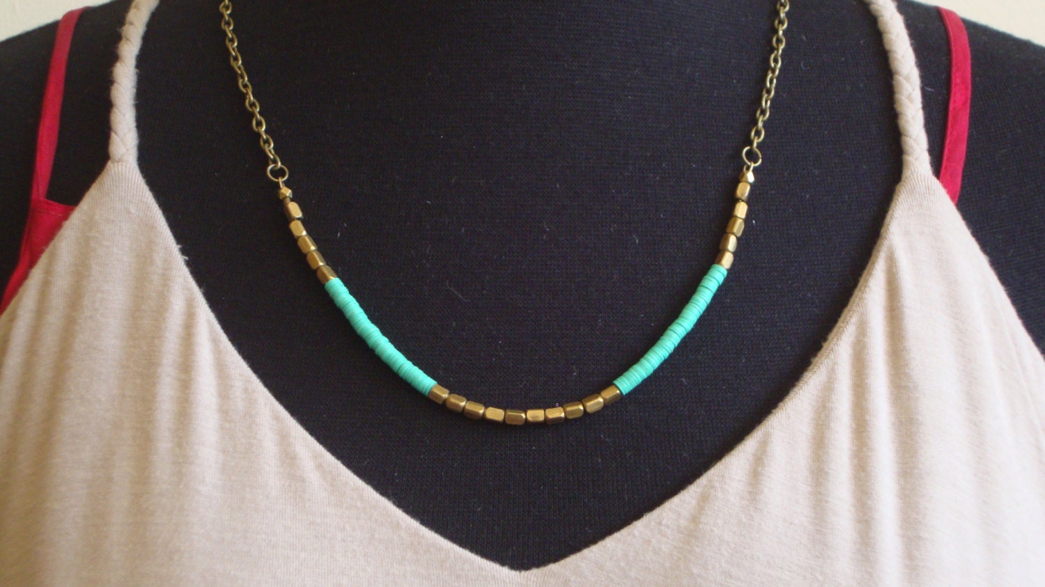 Modern Tribe Necklace - Teal Vulcanite Trade Beads Embellished with Stunning Brass Nuggets  "Electric Feel"