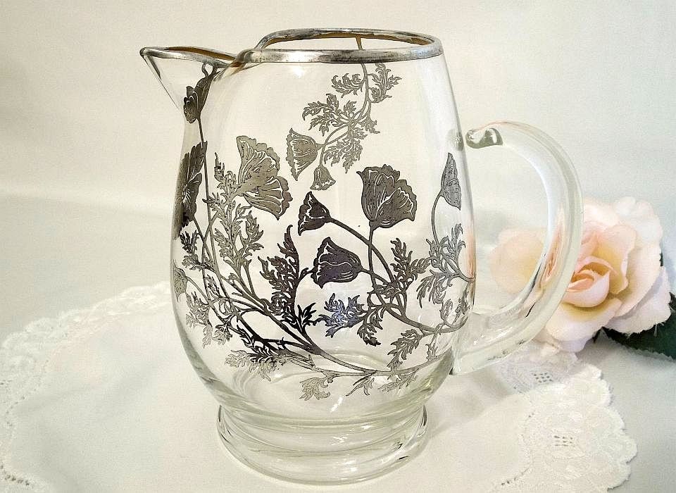 SALE Vintage Cambridge glass pitcher Flanders Poppy sterling silver overlay silver rim pitcher, silver rimmed pitcher