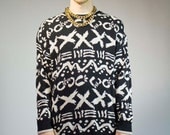 80s XXX tribal print sweater / black & nude knit / size L