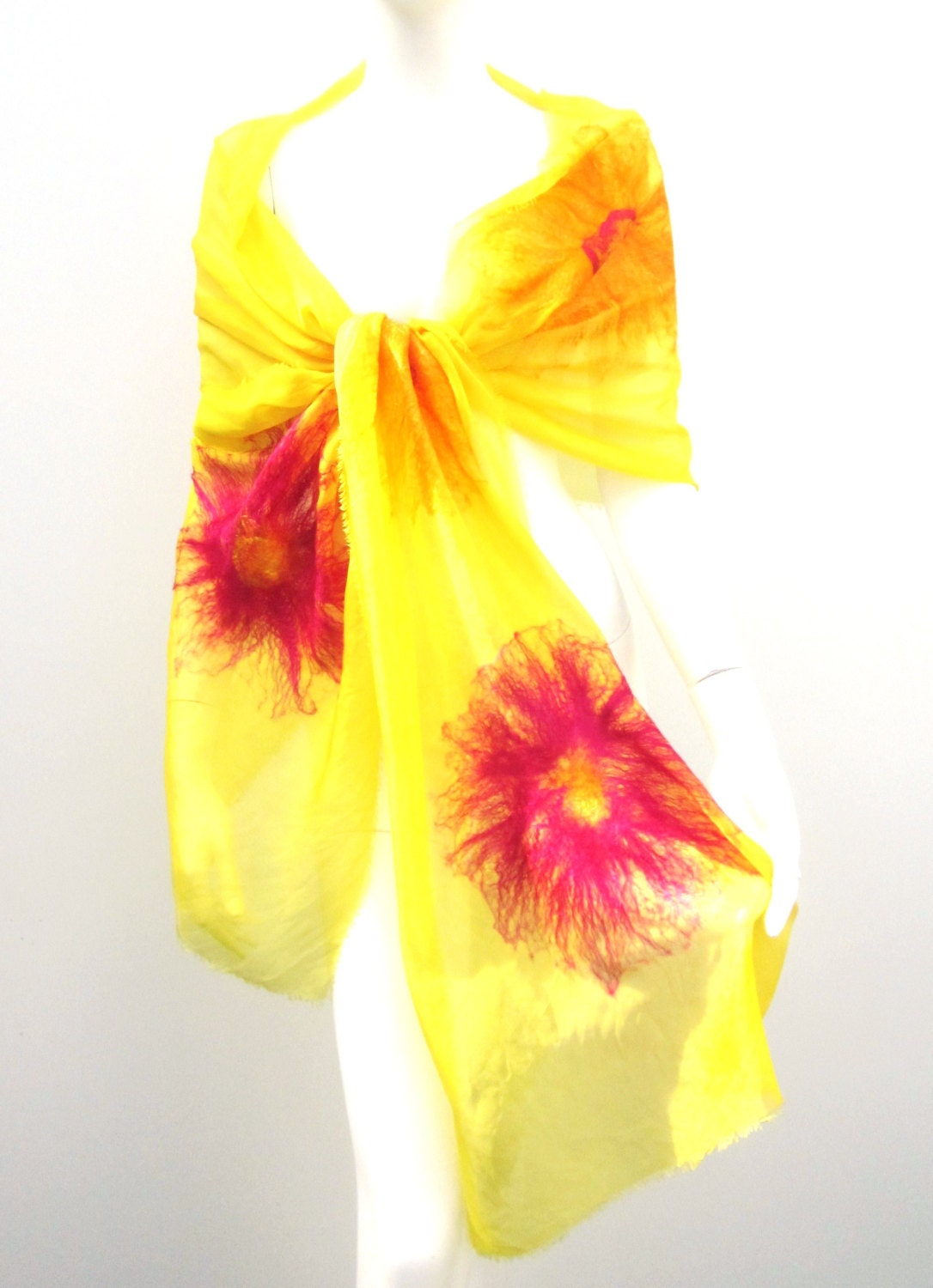 Silk Wrap Nuno Felted Flowers Sunshine Yellow Summer Scarf Shawl Stole Textile Art