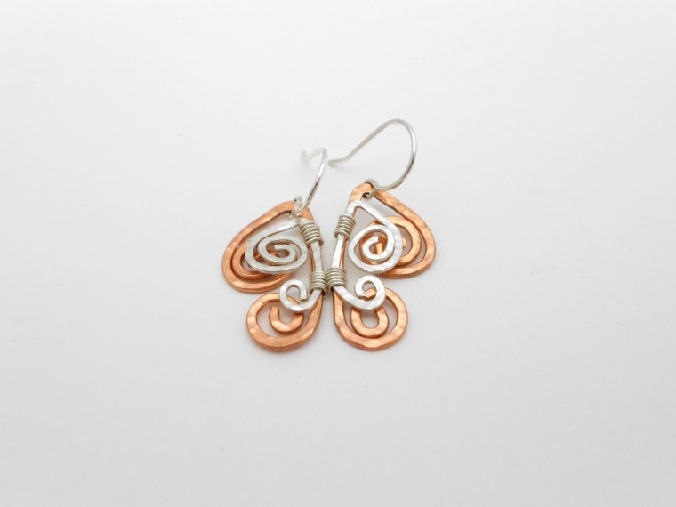 Hammered Copper and Silver Earrings, Wire Wrapped Mixed Metal Earrings