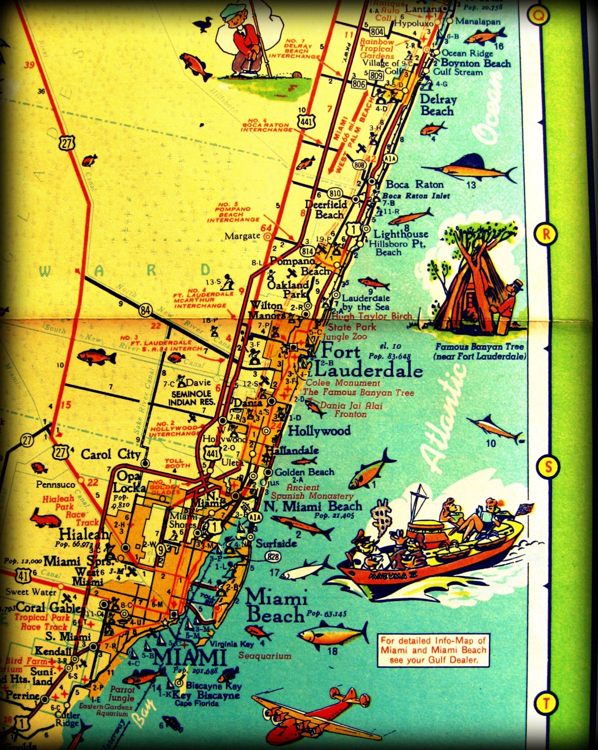 map art East Coast Florida photograph print 16x20 vintage Boynton Beach Delray Beach retro Miami 1960s aqua turquoise wall art decor picture