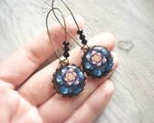 SALE Absrtact floral print earrings, long dangle earrings