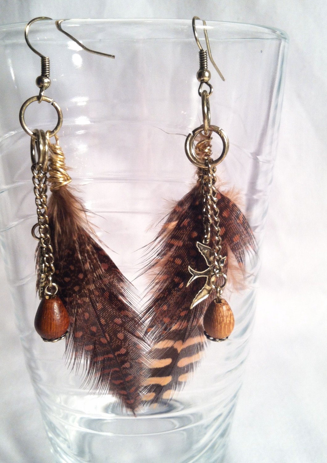 Sparrow and Feather Dangle Earring. Gold & Brown Earth Tones. Summer Festival.