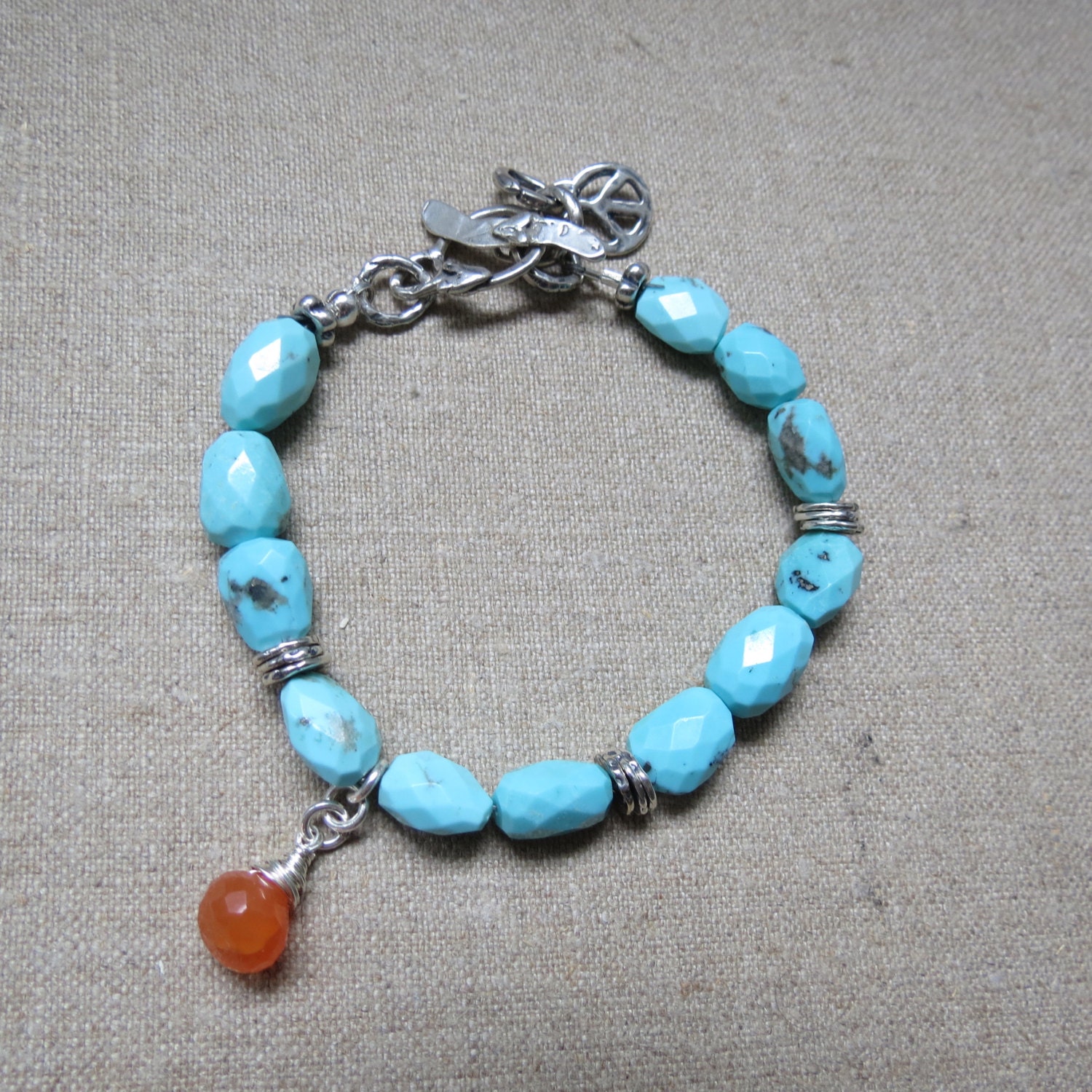 Sleeping Beauty Turquoise and Carnelian Artisan Made Sterling Silver Bracelet Robin