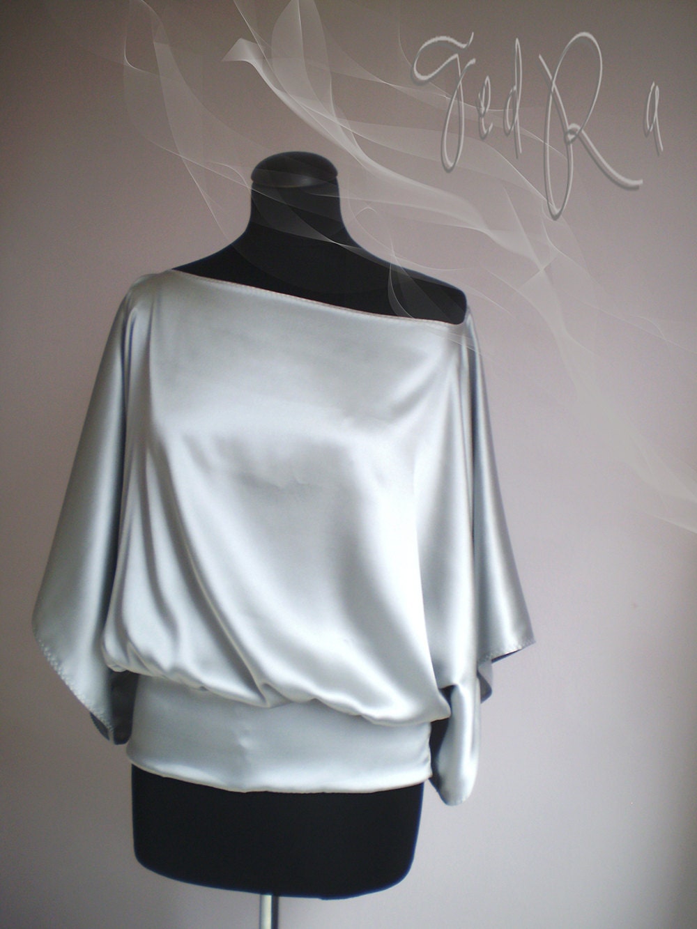 grey silk oversize blouse of fine italian silk,embroidered edges
