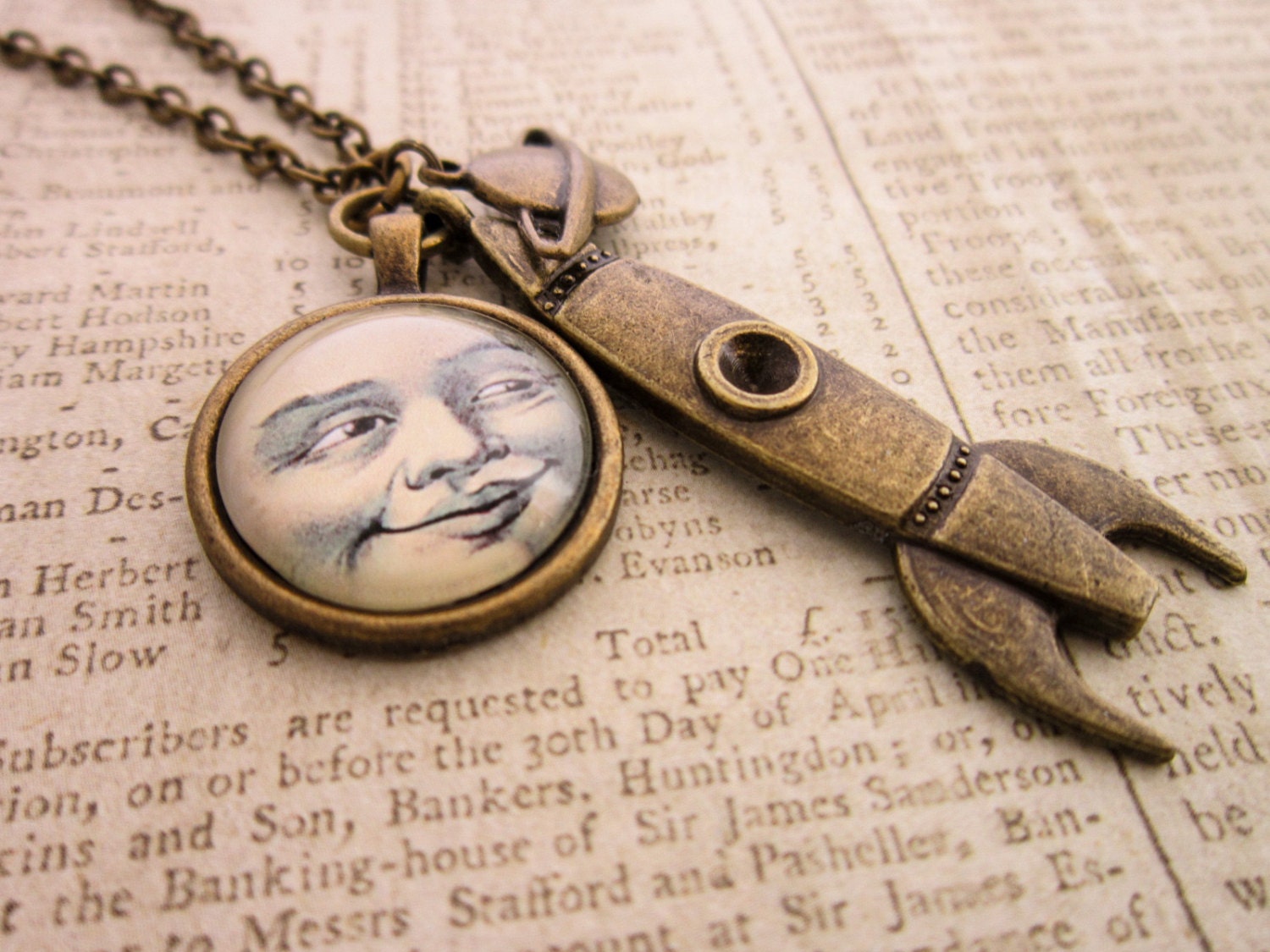 Steampunk Moon Necklace - Man in the Moon, Rocket Sci-fi Cabochon Pendant