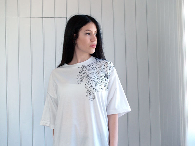 Hand painted White Tee - Abstract octopus Hand drawn Art - Oversized t-shirt