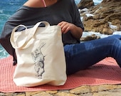 Shopper Grocery Diaper Tote Bag 100% Cotton Natural Color with vintage The White Rabbit print