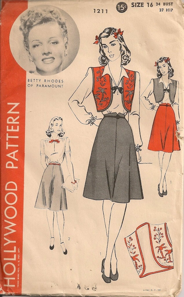 UNCUT Vintage 1940's Blouse, Skirt and Bolero Pattern Hollywood 1211 Betty Rhodes of Paramount