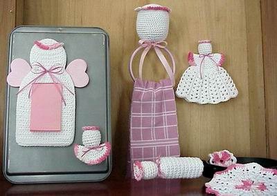 CROCHET PATTERN Easy Beginner Angel Kitchen 7 piece Set (Matches Bagholder and Towel Holder)