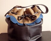 Brown Leather Drawstring Bag Bucket Bag Blue Brown Carryall Bag Shoulder Bag Leather Sack Sand