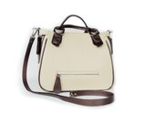 Beige Leather Satchel Bag, Messenger Bag, Shoulder Bag, Cream Handbag, Bronze and Beige Bag