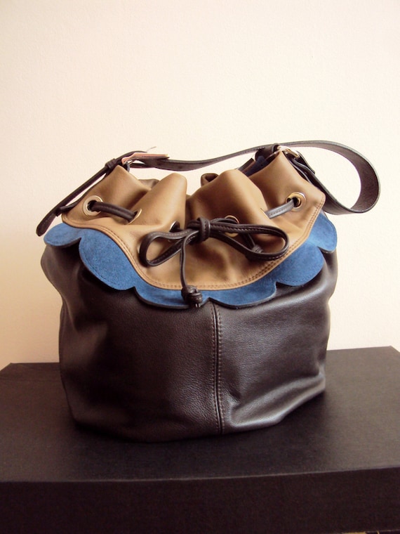 Brown Leather Drawstring Bag Bucket Bag Blue Brown Carryall Bag Shoulder Bag Leather Sack Sand