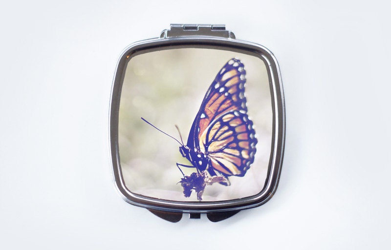 Butterfly Compact Mirror, Orange Monarch, Spring Accessories, Butterfly Pocekt Mirror 3x3" Double Mirrored, Silver Metal Compact