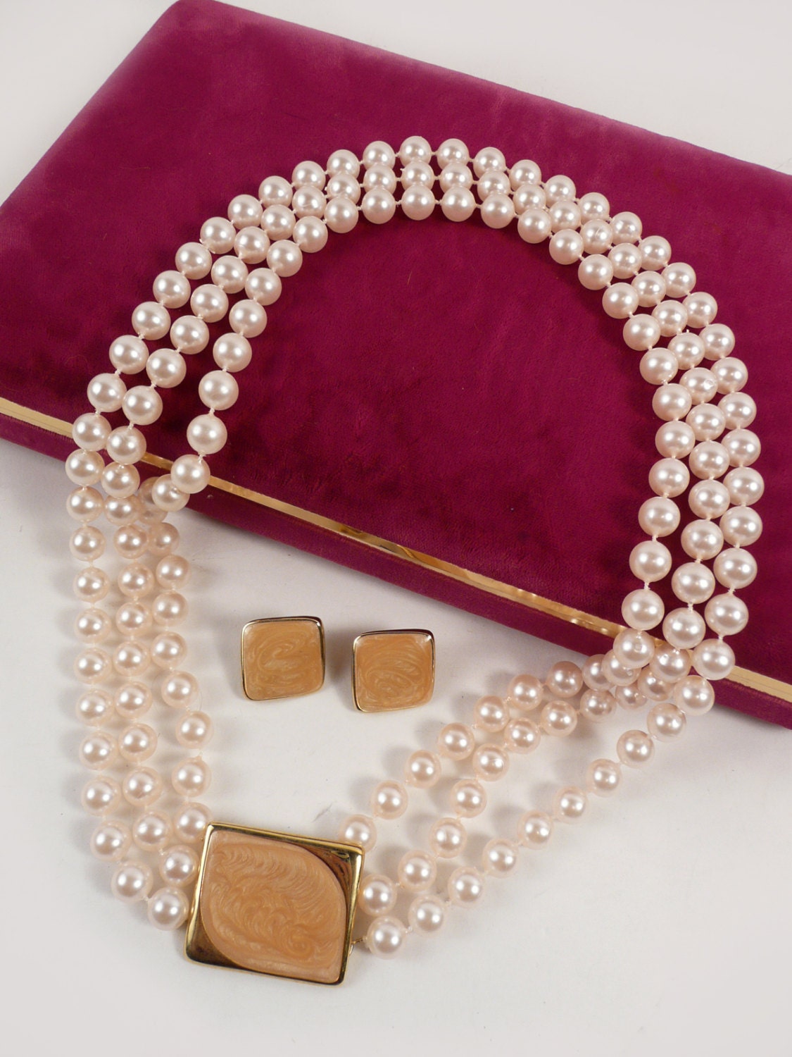 Vintage Modern Mid Century Pink 3 strand Necklace Set with Earrings Faux Pearl and Enamel