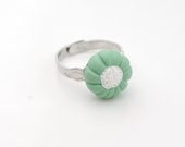 polymer clay white lace and mint green button ring - fully adjustable
