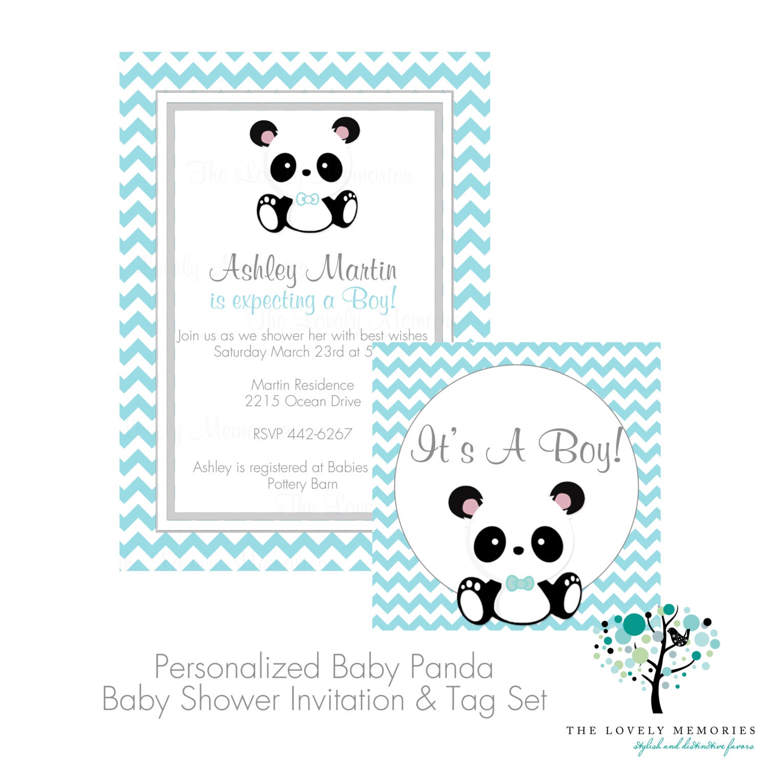 Its a Boy Baby Panda Teal Chevron Baby Shower Invitation & Tag Set- DIY Printable File Il_570xn