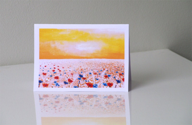 Greeting card Yellow summer Floral Poppy flowers Bright Sunny / Thank you card / Colorful cheerful bold original landscape art card