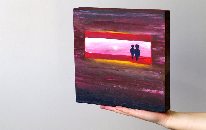 ORIGINAL PAINTING Two birds TOGETHER Romantic Abstract Modern Contemporary Brown Pink Everning Colors Art Home decor 10x10