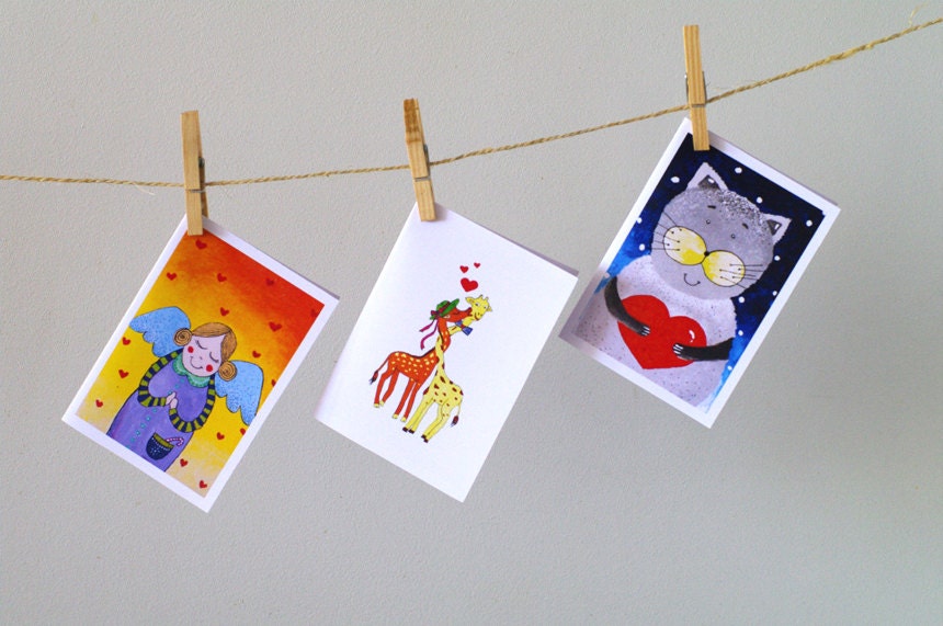 I love you Greeting cards set of 3 Love message Birthday card animal angel art for lover