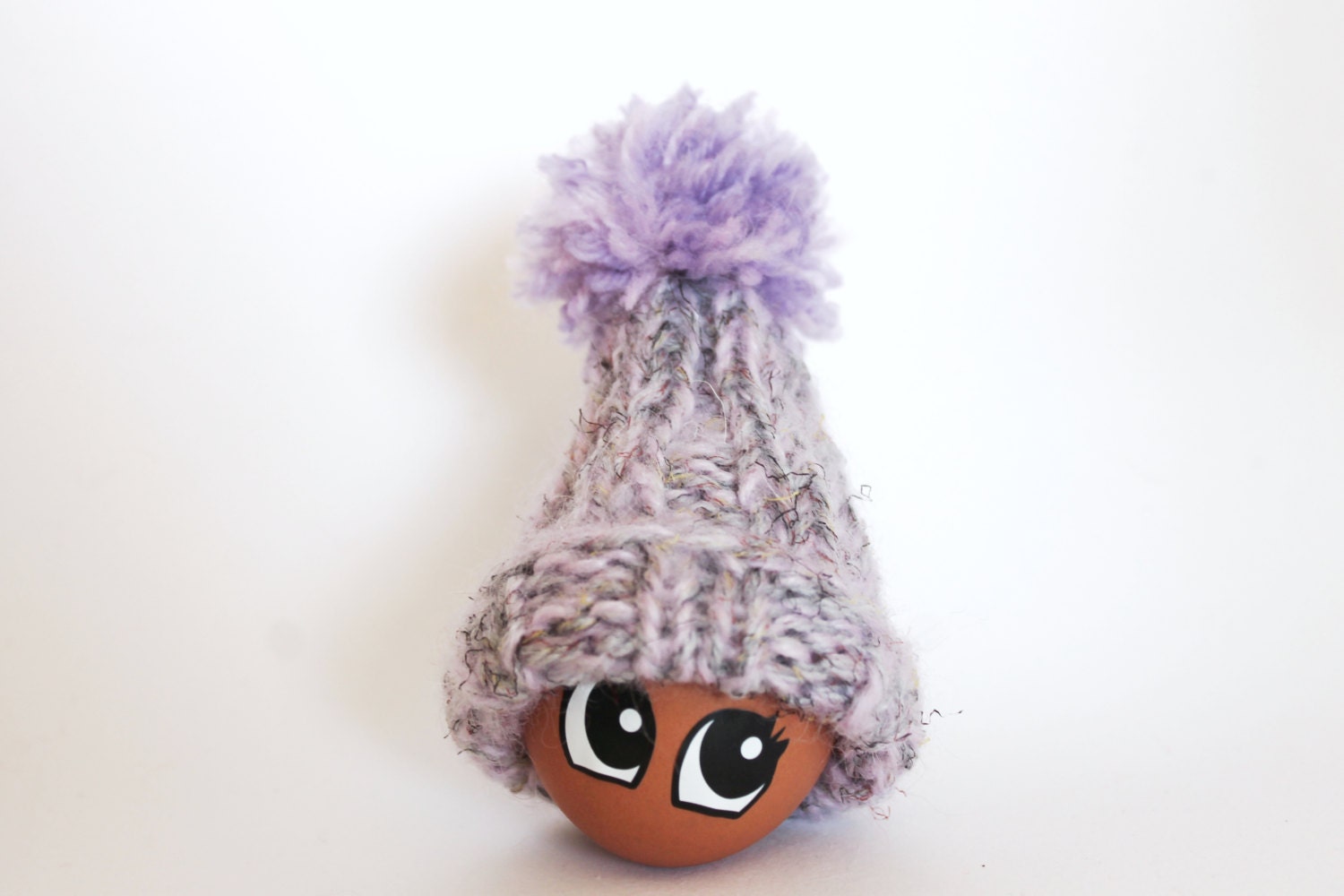 Kawaii egg warmer - Knitted lilac Easter egg cozy - pom pom hat - Spring holiday gift - pastel violet table and home decor