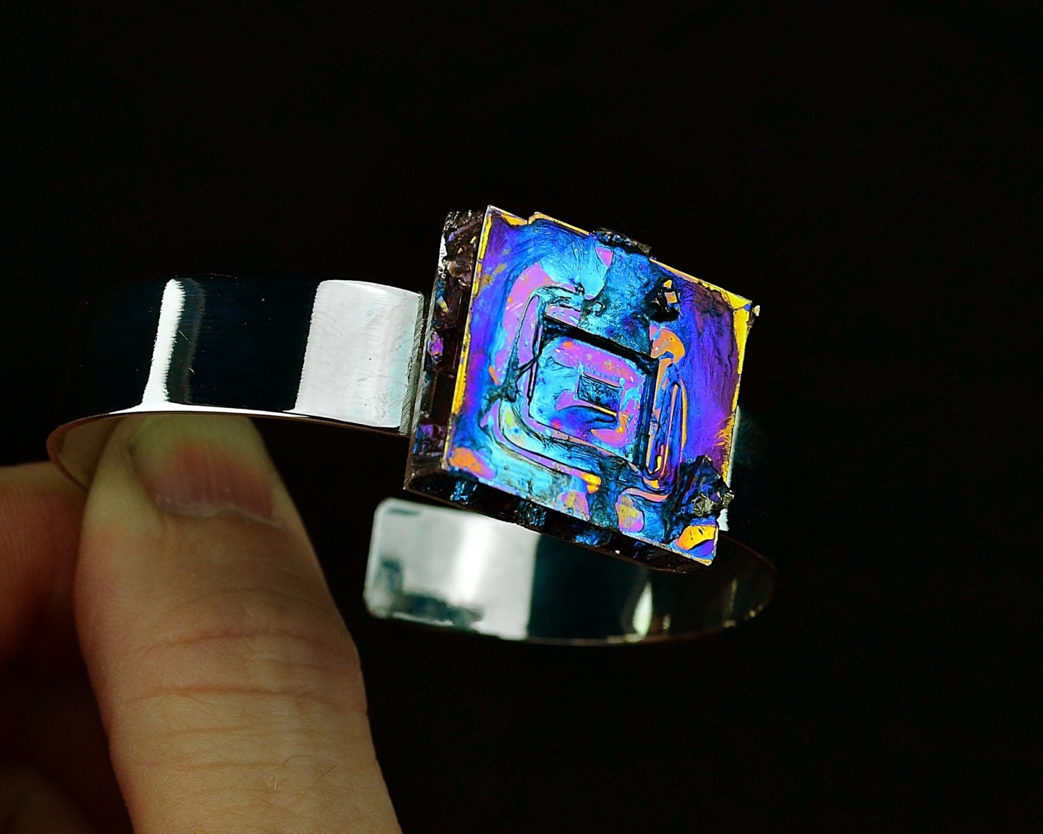 Hurricane Cube, Bismuth Crystal Bracelet,  Colorful, Iridescent, Beautiful Unique Metal Jewelry