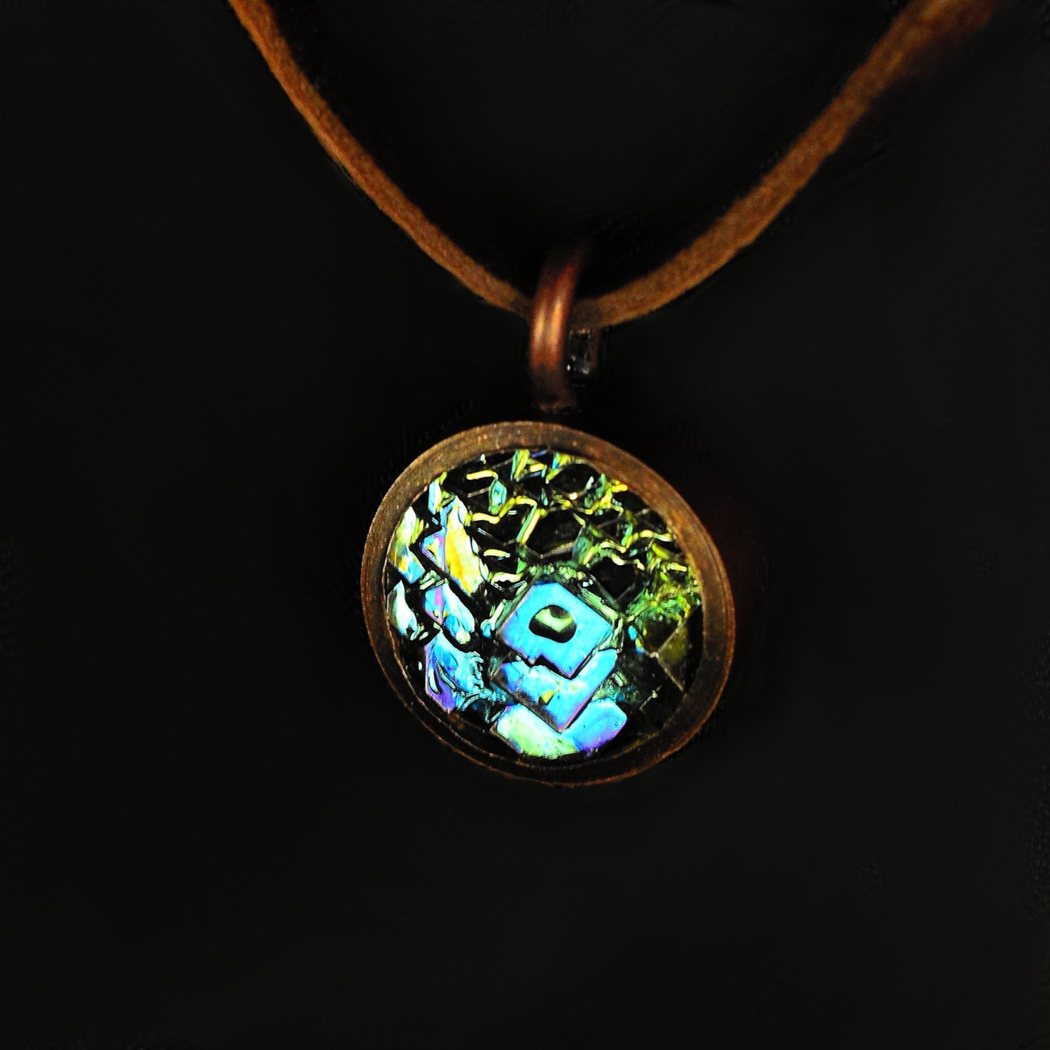 Falling Squares, PENDANT and Leather NECKLACE,  Bismuth Metal Crystal  in a Copper Bezel on a Leather Cord