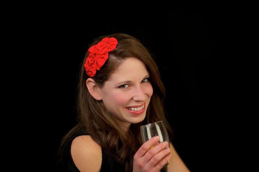 Adult Headband - Red Shantung Silk Trio Rosette Headband for Women and Girls