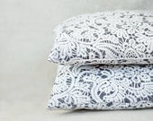 standard pillowcases, 20x31 pillow cases, SET OF TWO, cotton, white and gray with bobbin lace pattern, Vologda lace design, summer