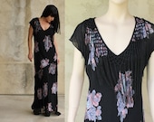 Floral fringed India Dress. Bias cut asymmetrical maxi