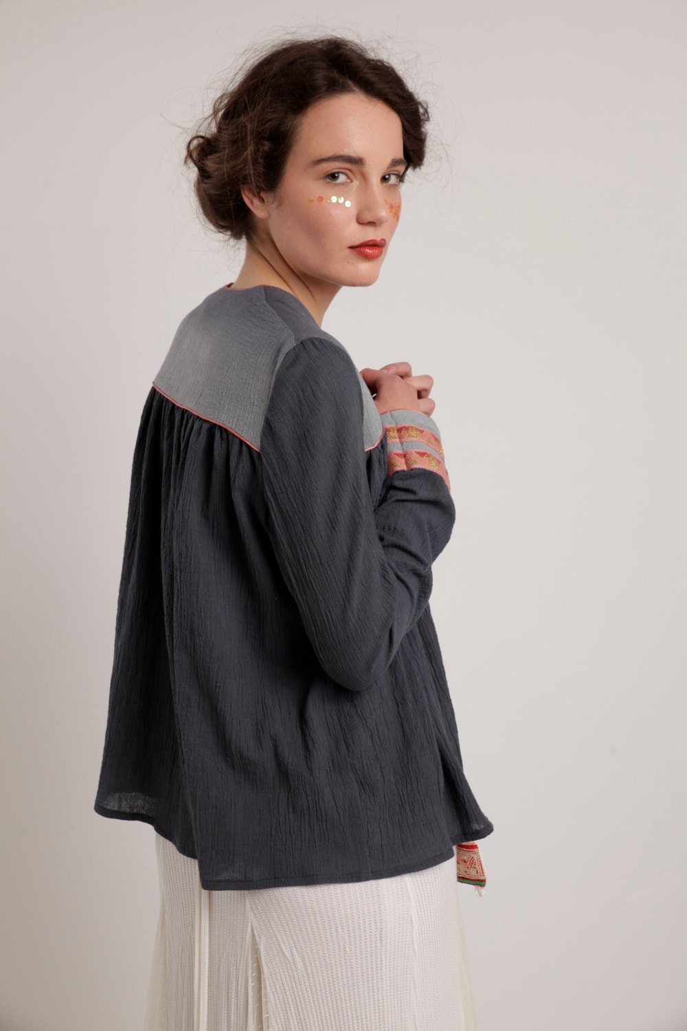 Gauzy cotton grey jacket with colorful cuffs, Summer jacket, Cotton jacket, Lightweight jacket, Bohemian jacket, Lightweight jacket