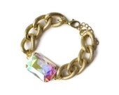 Aurora Borealis Large Crystal and Gold Chain Bracelet