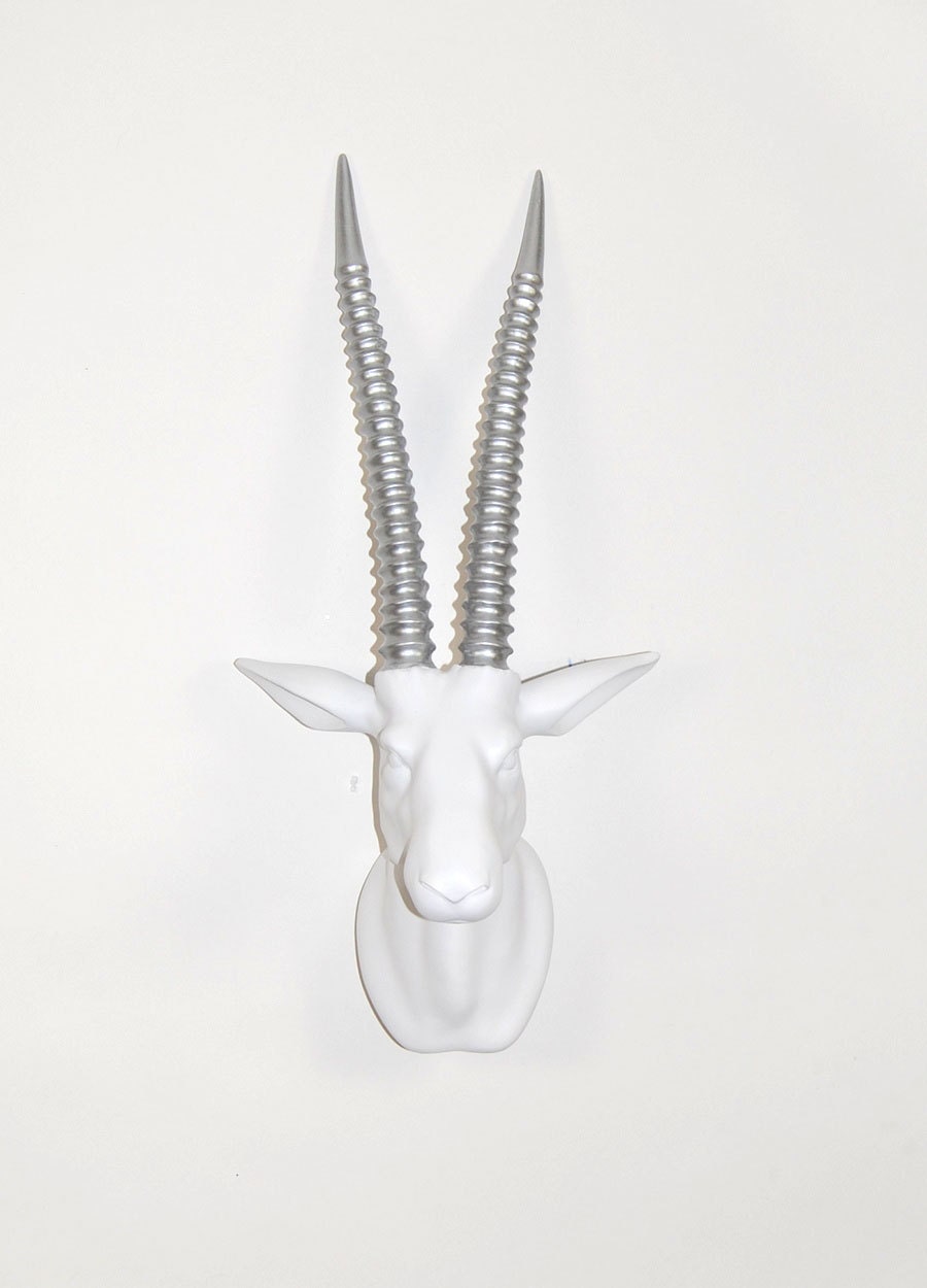 White Faux Taxidermy - White Gazelle Head w/Silver Antlers - The London with Silver Horns - Antelope Faux Taxidermy - Chic & Trendy