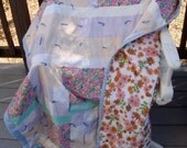 Vintage patchwork quilt, reversible floral side, twin coverlet, throw, blue yarn ties, pastels, cottage chic, 1960's era