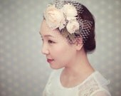 Bridal Fascinator - Floral Headband with Birdcage Veil - Light Peach Pink Bridal Hair Accessories - Wedding Headpiece - Style HP1315